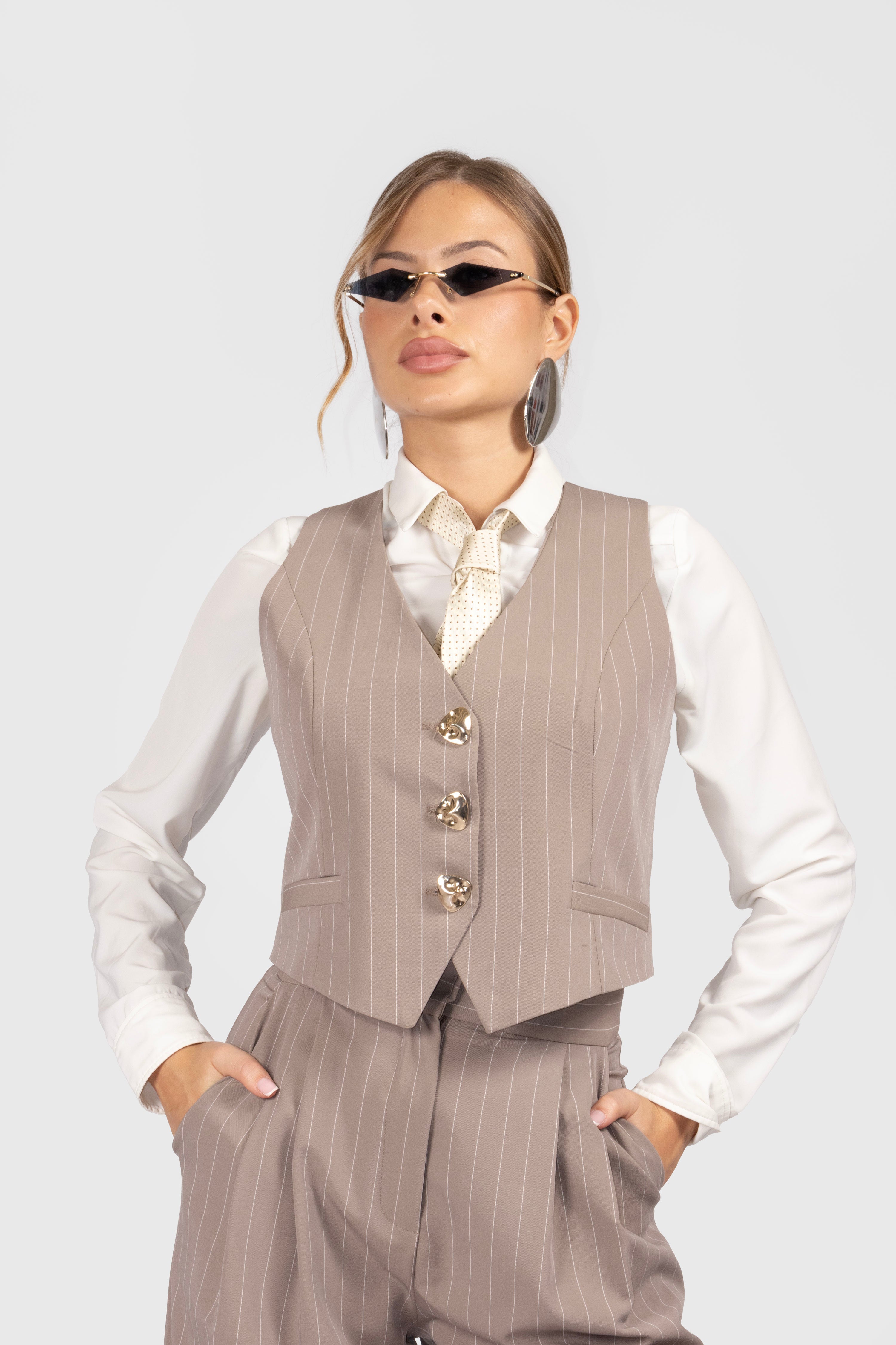 Gilet LISE Taupe Gessato